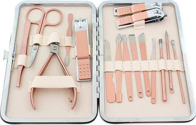 Set manikyr pedikyr AG603G, 16 copë, çelik inox, rozë ari