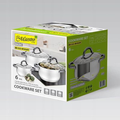 Set tenxheresh dhe tiganësh Maestro MR-3522-6M, 6 pjesë, çelik inox, argjendtë me të zezë