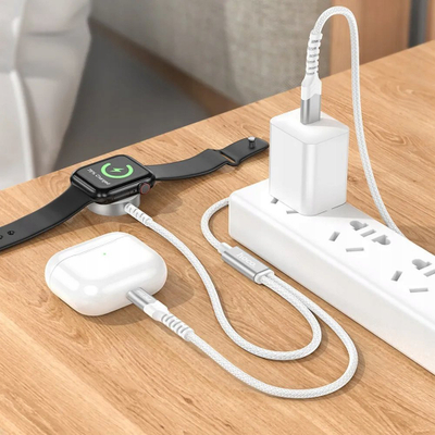 Kabllo karikimi 2 në 1 Hoco CWS, USB-C në Lightning, Apple Watch, e bardhë