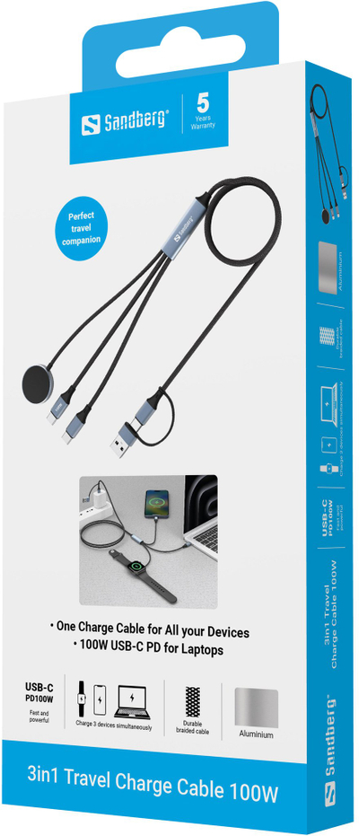 Kabllo karikimi Sandberg 3n1 441-69, USB-C PD 100W, 1.2m, gri