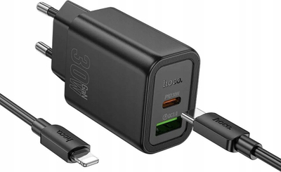 Karikues mur Hoco N63, 30W, PD QC3.0, USB A Type C, me kabllo Type C në Lightning, i zi