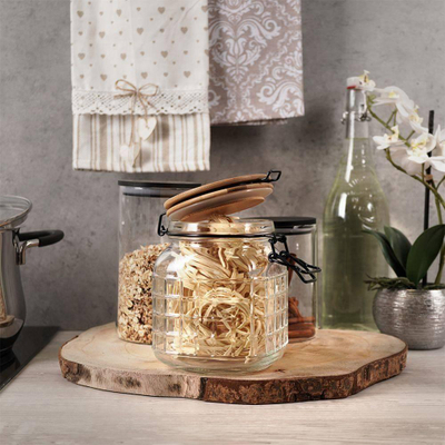 Kavanoz kuzhine Excellent Houseware, qelq, kapak bambuje hermetik, 1.1L
