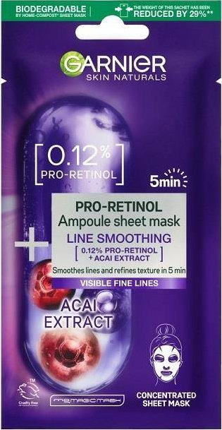 Maskë fytyre Garnier Skin Naturals Smoothing Ampoule Pro-Retinol, 0.12% Pro-Retinol, ekstrakt acai, 19g
