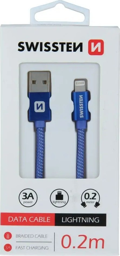 Kabllo Swissten Textile Lightning, 0.2m, USB 2.0, e zezë