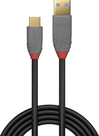 Kabllo USB Lindy Anthra Line, USB 3.2 Type A me Type C, 3m, 100W PD, e zezë