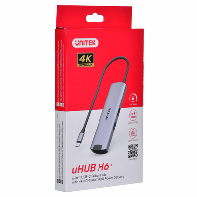 Qendër USB-C Unitek, 5Gbps, HDMI, RJ-45, PD 100W, e zezë
