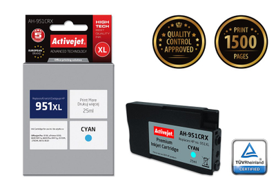 Ngjyrë për printer Activejet AH-951CRX (zëvendësim për HP 951XL CN046AEPackard 951XL CN046AE), 25 ml, e kaltër