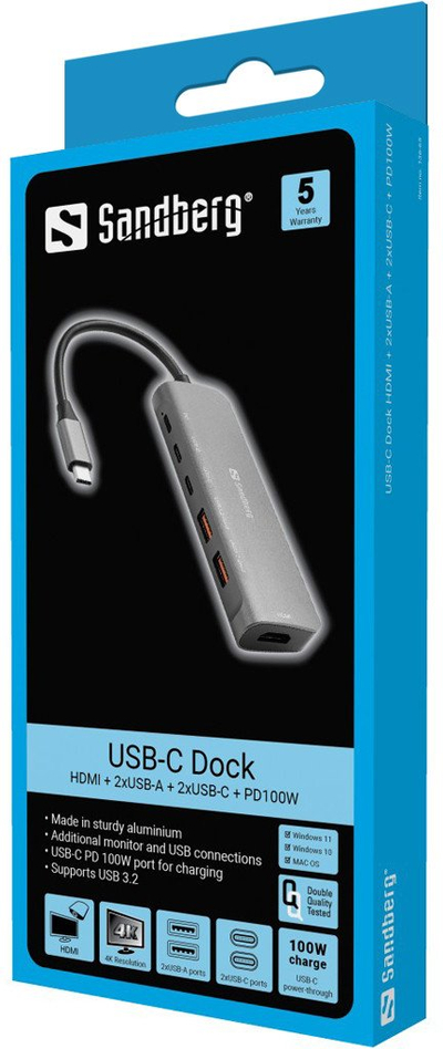 Dock USB C Sandberg, HDMI, 2x USB A, 2x USB C, PD 100W, gri