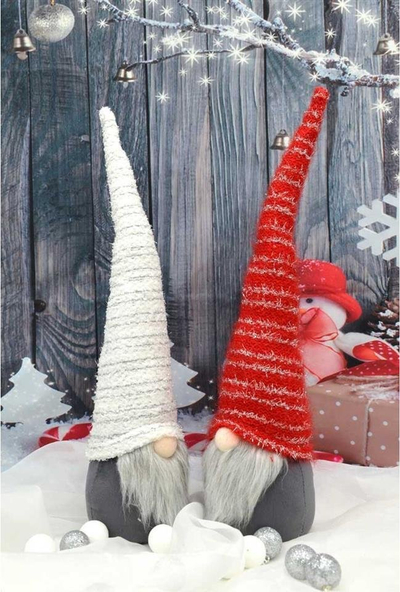 Dekor gnom Saska Christmas, me kapelë t’gjatë t'bardhë me dritë LED, 42 cm
