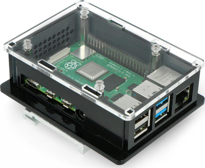 Kuti mbrojtëse Gravlaser Box V2 për Raspberry Pi 4B, montim në shinë DIN 50 mm, akrilik transparent i zi
