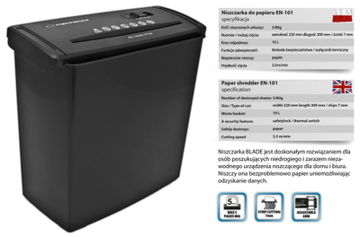 Shredder dokumentesh Esperanza Blade EN101, 10L, 100W, i zi