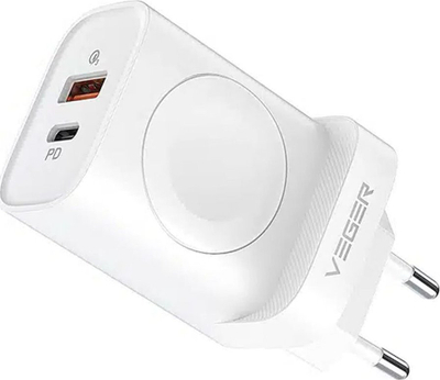 Karikues prizë Veger, 25W, 2x USB C edhe USB A, mbajtëse për Apple Watch, i bardhë