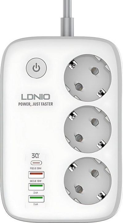 Prizë e zgjuar Wi‑Fi Ldnio SEW3452, 3 dalje AC, 4 porta USB, 30W, e bardhë