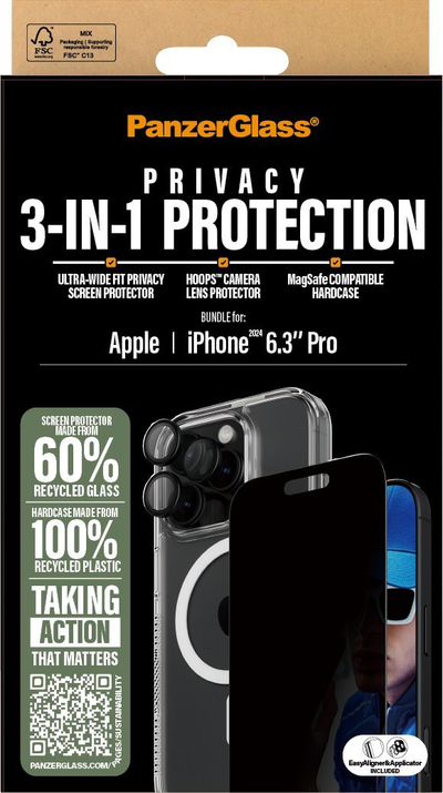 Set mbrojtës PanzerGlass 3 in 1 Privacy, për iPhone 24 6.3" Pro, MagSafe, transparent