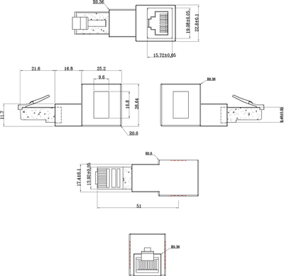 Adapter rrjeti InLine Cat.6A, RJ45 prizë dhe fischë, 90° përpjetë, i zi