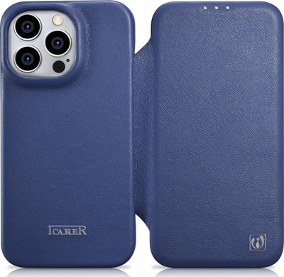 Këllëf lëkure iCarer CE Premium Folio për iPhone 14 Pro Max, me kapak, MagSafe, blu