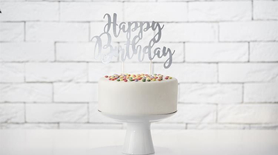 Topper për tortë Happy Birthday, 22.5 cm, argjend