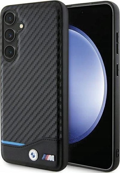 Futrollë telefoni BMW Leather Carbon për Samsung Galaxy S24+, material lëkurë dhe karbon, mbrojtje TPU, ngjyrë e zezë