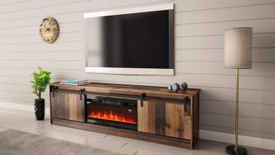 Komodë TV GRANERO me oxhak elektrik, 200x56.7x35 cm, pamje dru i vjetër