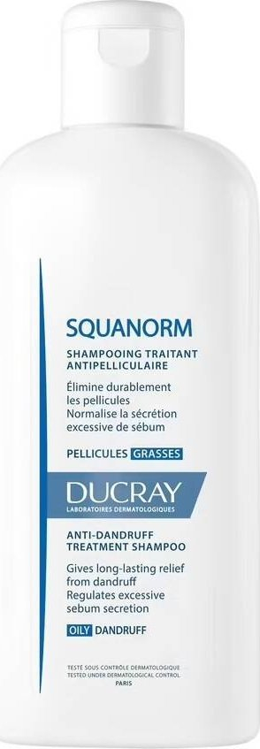 Shampo kundra zbokthit Ducray Squanorm, për kurim të skalpit me yndyrë, 200 ml, e bardhë
