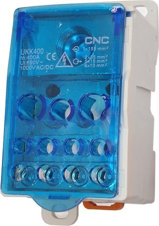 Bllok shpërndarës CNC UKK400, 400A, montim në shinë DIN, blu