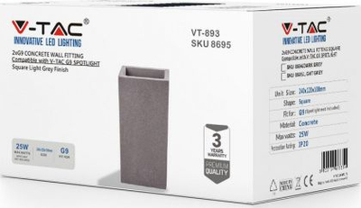 Aplikë muri V‑TAC VT-893L, betoni, 2xG9 25W, gri e çelët