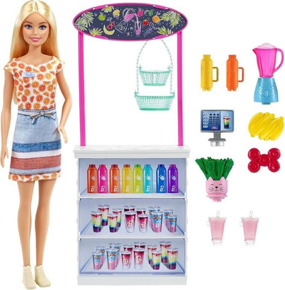 Set lodër Barbie Smoothie Bar, me kukull bionde, me aksesorë shumëngjyrësh