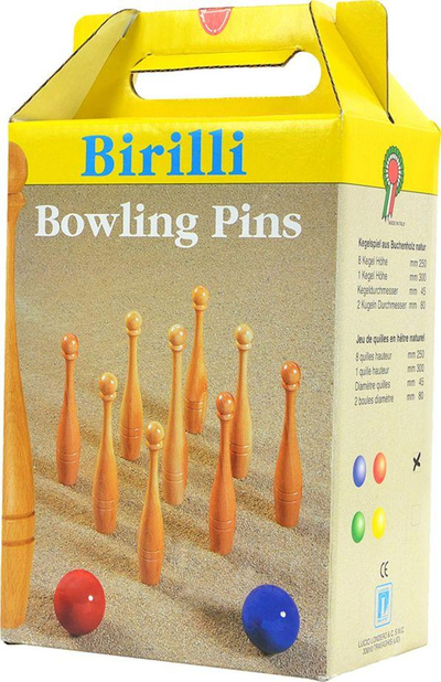 Set bowling Lucio Londero me kunja druri, 9 kunja, 2 topa, ngjyrë natyrale