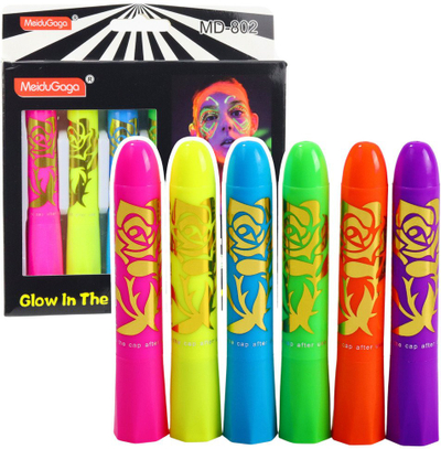 Set boje fytyre Neon UV, 6 lapsa fluorescentë, shumëngjyrëshe