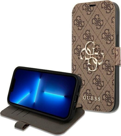 Kapak libri Guess GUBKP13X4GMGBR për iPhone 13 Pro Max 6.7", lëkurë ekologjike, logo metalike 4G, kafe