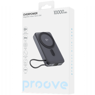 Powerbank Proove OverPower, 10000mAh, 35W, Qi2, me kabllo të integruar, gri