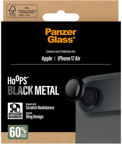 Mbrojtëse kamere PanzerGlass Hoops, për iPhone Air, xham i fortë (i temperuar), unazë metalike, e zezë