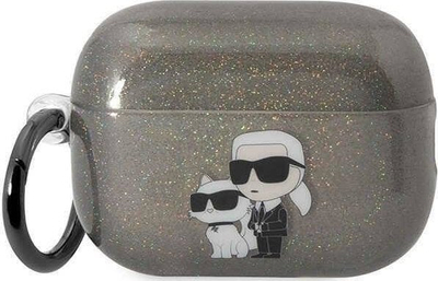 Mbajtëse kufjesh Karl Lagerfeld KLAP2HNKCTGK, për Apple AirPods Pro 2, Glitter Karl &amp; Choupette, e zezë me shkëlqim