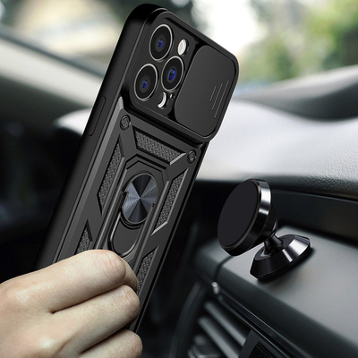 Mbrojtëse telefoni Hurtel Hybrid Armor Camshield për Realme 10 Pro Plus, kapak kamere, me unazë metalike, e zezë