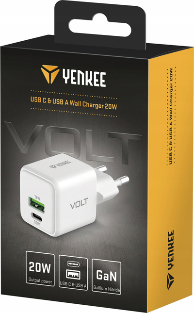 Karikues muri Yenkee YAC G38, 20W, me USB‑C dhe USB‑A, i bardhë