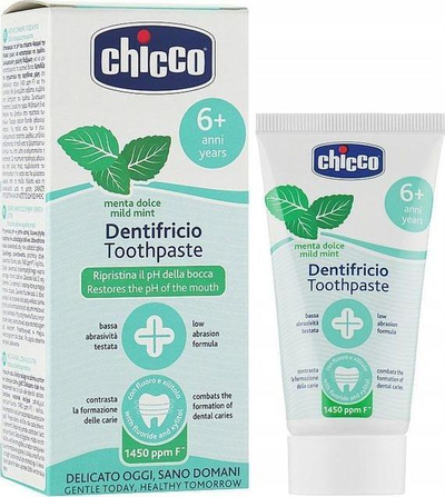 Pastë dhëmbësh Chicco Mild Mint, me fluor 1450ppm, 50ml, për kalamaj 6+
