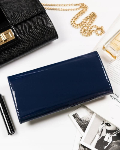 Portofol gocash Peterson Classic, lëkurë natyrale me llustër, RFID, blu navy
