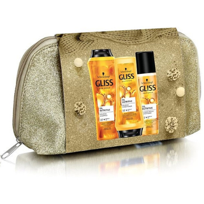 Set për flokë Gliss Kur Oil Nutritive, shampo 250 ml + balsam 200 ml + balsam rigjenerues 200 ml + çantë kozmetike