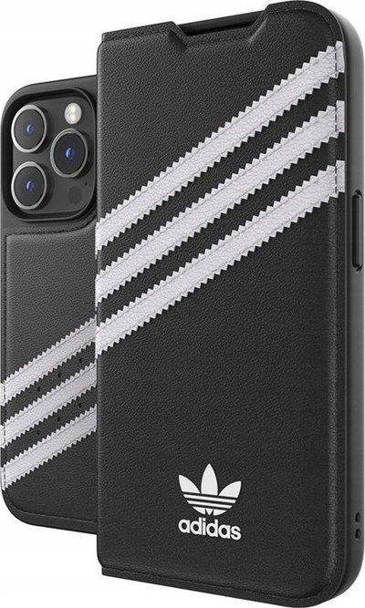 Këllëf booklet Adidas për iPhone 14 Pro, lëkurë PU, me xhep karte, i zi