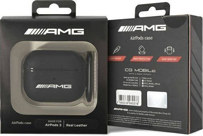 Kapak Mercedes AMG Leather Big Logo për AirPods 3, lëkurë, i zi