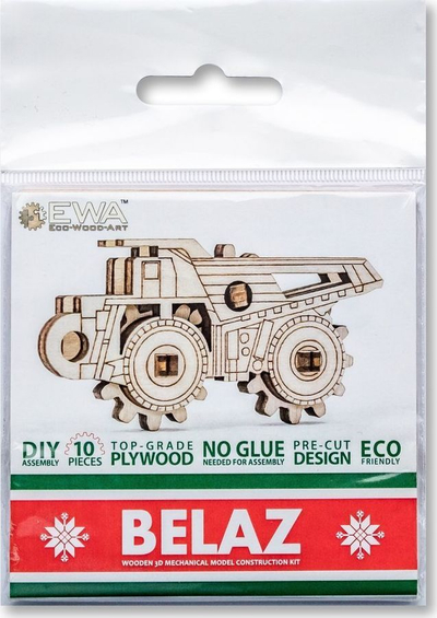 Set për me ndërtu me dru Eco Wood Art Mini Belaz Truck, model 3D mekanik, me rrota që lëvizin, ngjyrë druri natyrale