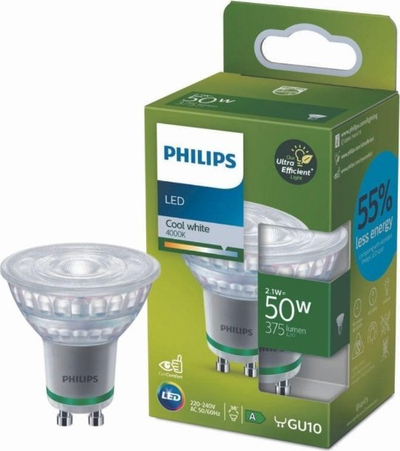 Llambë LED Philips GU10 reflektor, 2.1W 375lm, 4000K, e bardhë