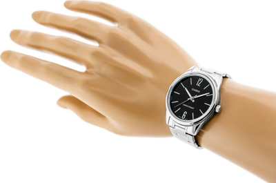 Orë burrash Casio MTPV005D-1B, analoge quartz, çelik inox, me faqe të zezë