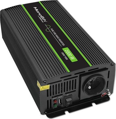 Inverter voltazhi Qoltec Monolith 51938, 24V në 230V, 2000W me valë sinusoide të pastër, i zi