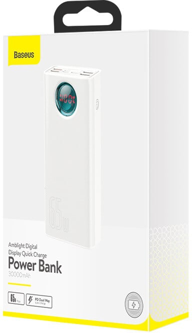 Powerbank me ekran dixhital Baseus Ambilight Overseas Edition, 30000mAh, QC, i zi + kabllo USB-C 65W, 1m, i bardhë