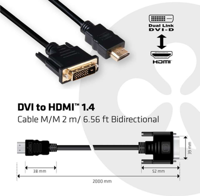 Kабел CLUB3D DVI во HDMI 1.4, 2m, UHD 4K, црн