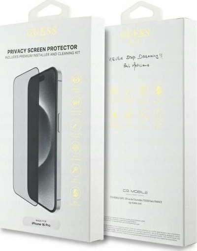 Mbrotës ekrani Guess Tempered Glass për iPhone 16 Pro, me privacy, 2.5D, transparent