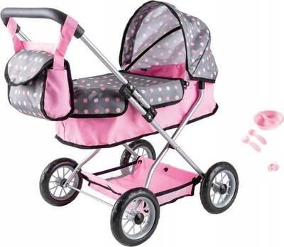 Karrocë lodër për kukulla Bayer Smarty Pram, me gjëra shoqëruese, rozë gri me pika