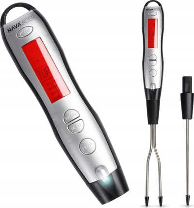 Термометар за кујна NAVA Kitchen Thermometer Skewer Grill Meat Fork, LCD екран, не'рѓосувачки челик, црно и сребрено