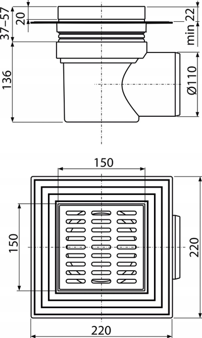 Trap dyshemeje horizontal DN110, 150x150mm, plastik, për dush walk in